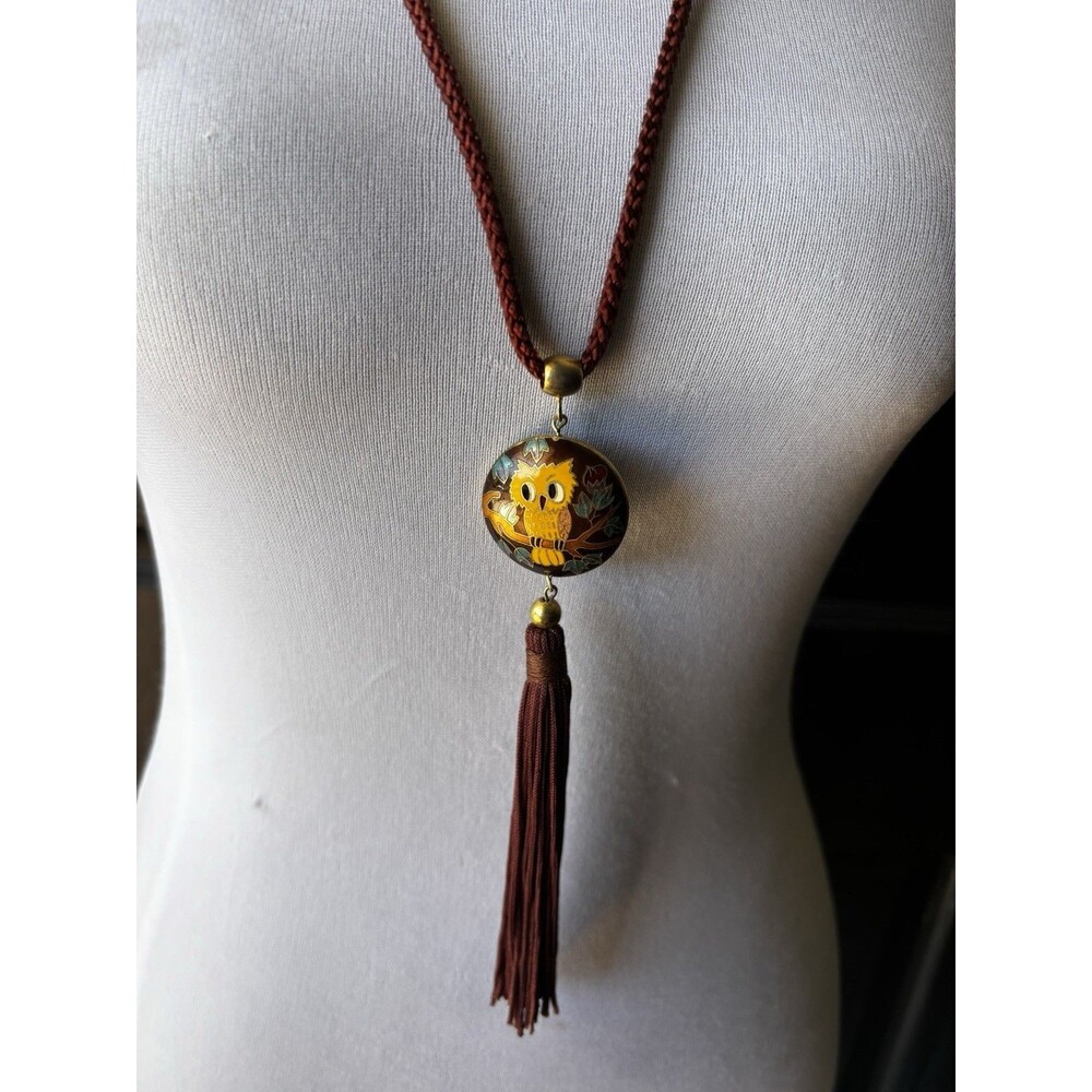Vintage 70s Owl Cloisonne Necklace On Cord With Tassel Whimsigoth Whimsical